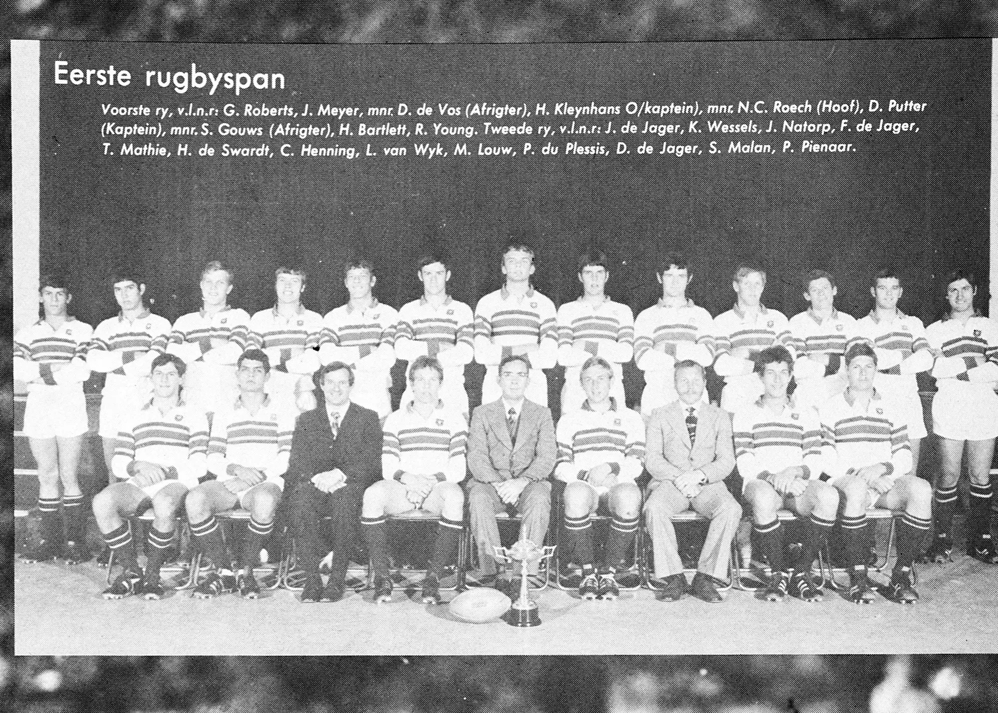 Die eerste rugbyspan van 1976 met die afrigters en die hoof
